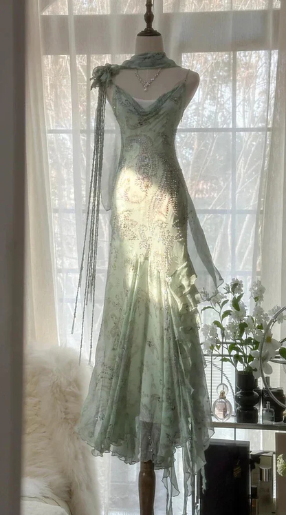 Brown Mermaid Spaghetti Strap Beaded Chiffon Long Party Dress Evening Dress DP2342