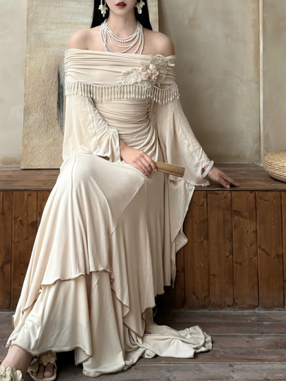 Vintage A Line Long Sleeve Beaded Apricot Satin Long Prom Dress Evening Dress DP6465