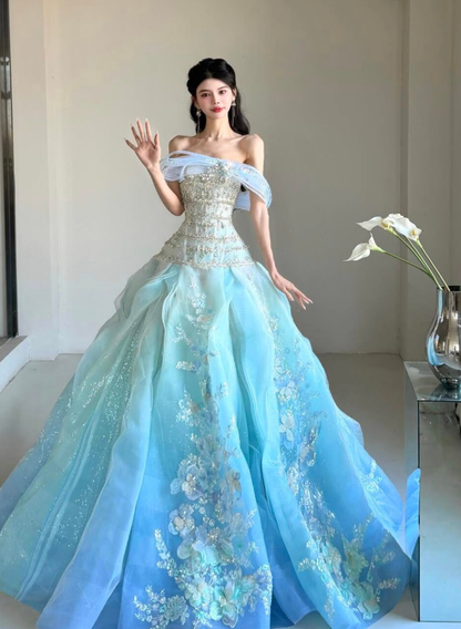 Charming Blue Ombre Ball Gown Exquisite Beaded Organza Prom Dress Quinceanera Dress DP6602