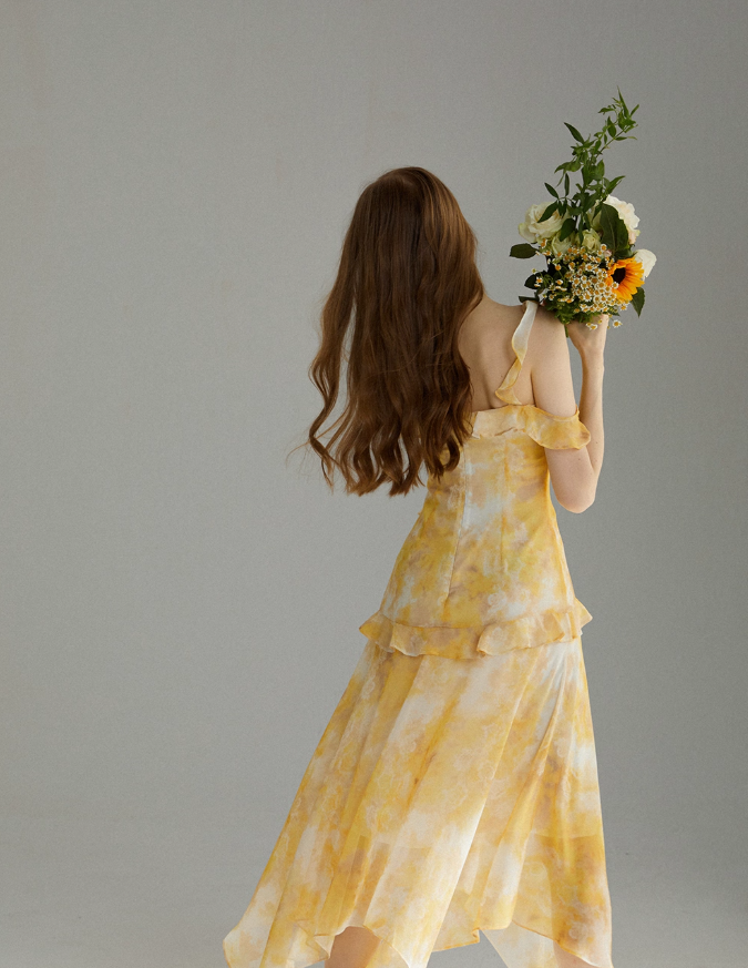 Pretty A Line Spaghetti Strap Ruffle Yellow Chiffon Summer Dress Vacation Dress Outfits DP3655