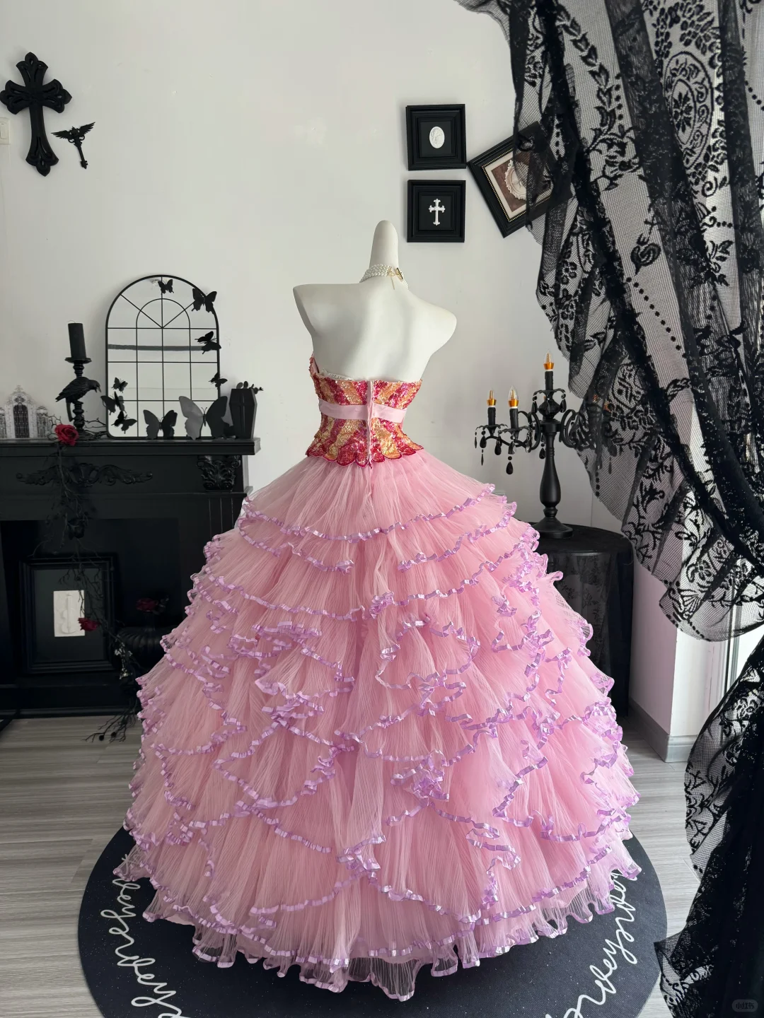 Sweety Pink Ball Gown Strapless Sequin Layered Tulle Prom Dress Quinceanera Dress DP6952