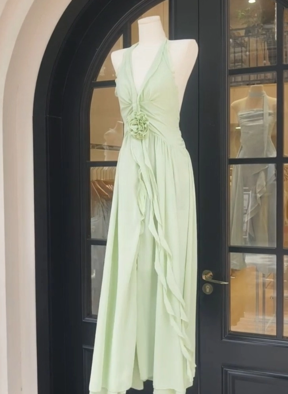 Light Green A Line V Neck Ruffle Chiffon Prom Dress Outfits DP4710