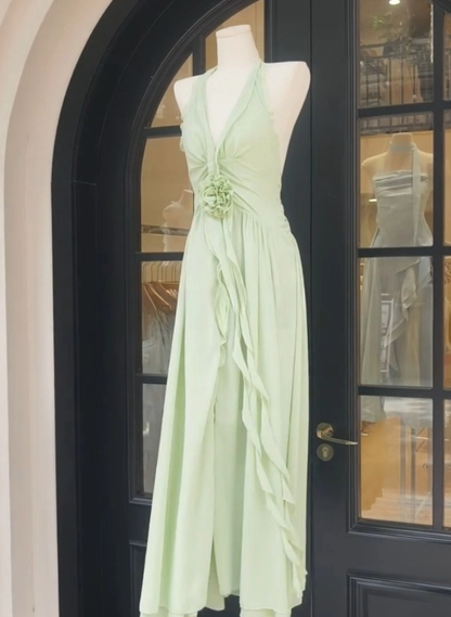 Light Green A Line V Neck Ruffle Chiffon Prom Dress Outfits DP4710
