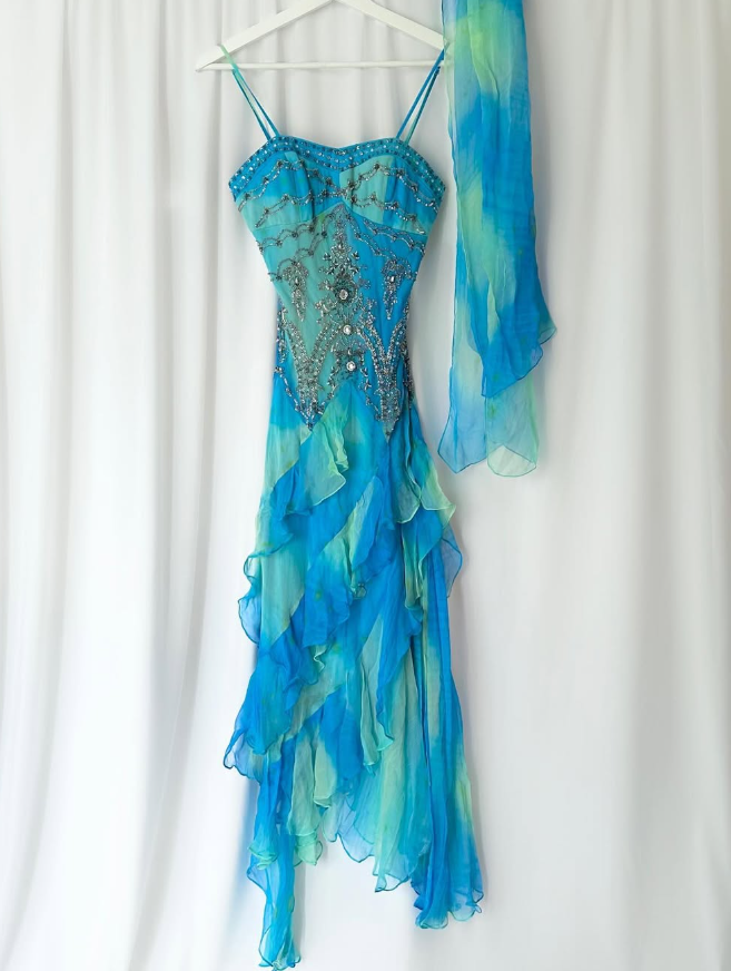 Vintage Blue Green Ombre Mermaid Ruffle Beaded Chiffon Homecoming Dress Evening Dress Date Dress DP3040