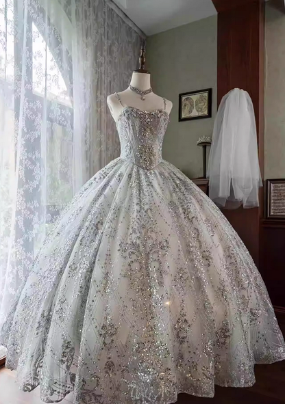 Silver Ball Gown Spaghetti Straps Beaded Sequin Tulle Lolita Goth Boning Dress Prom Dress DP4507