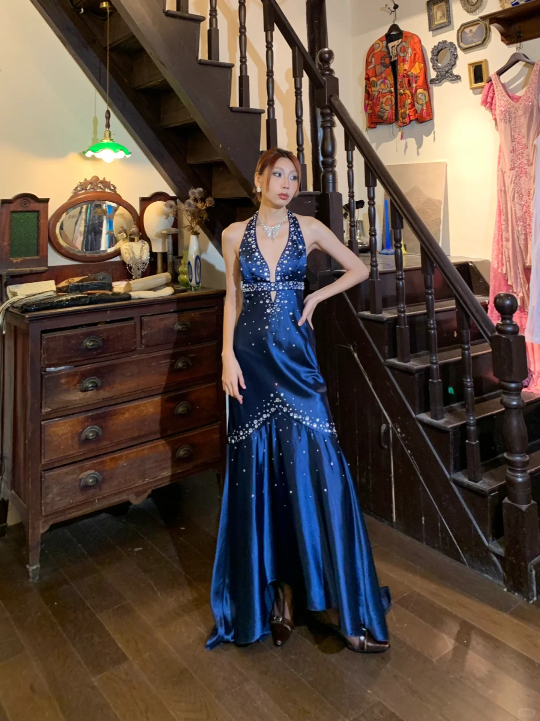 Vintage Mermaid Halter Rhinestone Blue Satin Open Back Long Sweep Party Dress Evening Dress DP2431