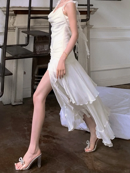 Flowy Ivory Ruffle Chiffon A Line Straps Prom Dress Evening Dress DP5766