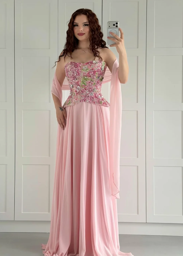 Pink A Line Strapless Exquisite Embroidery Chiffon Long Prom Dress Evening Dress DP6925
