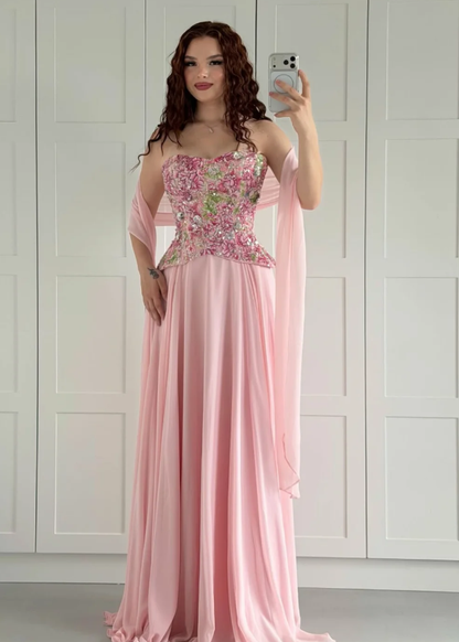 Pink A Line Strapless Exquisite Embroidery Chiffon Long Prom Dress Evening Dress DP6925