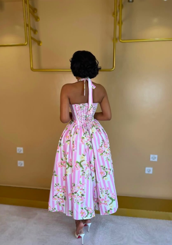 Summer A Line Halter Pink Print Stripe Satin Backless Prom Dress Outfits DP6322