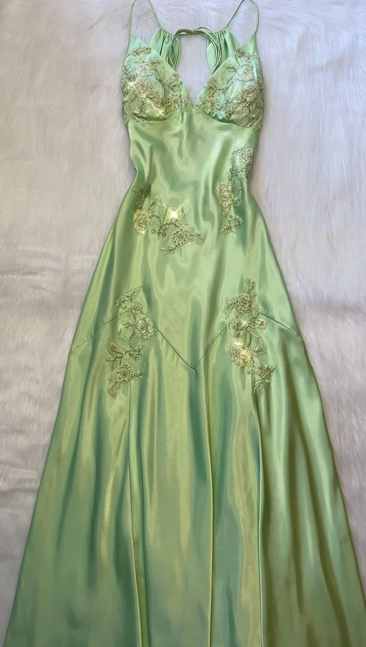 Spaghetti Straps Mint Green Long Lace Beaded Prom Dress Evening Party Dress DP018