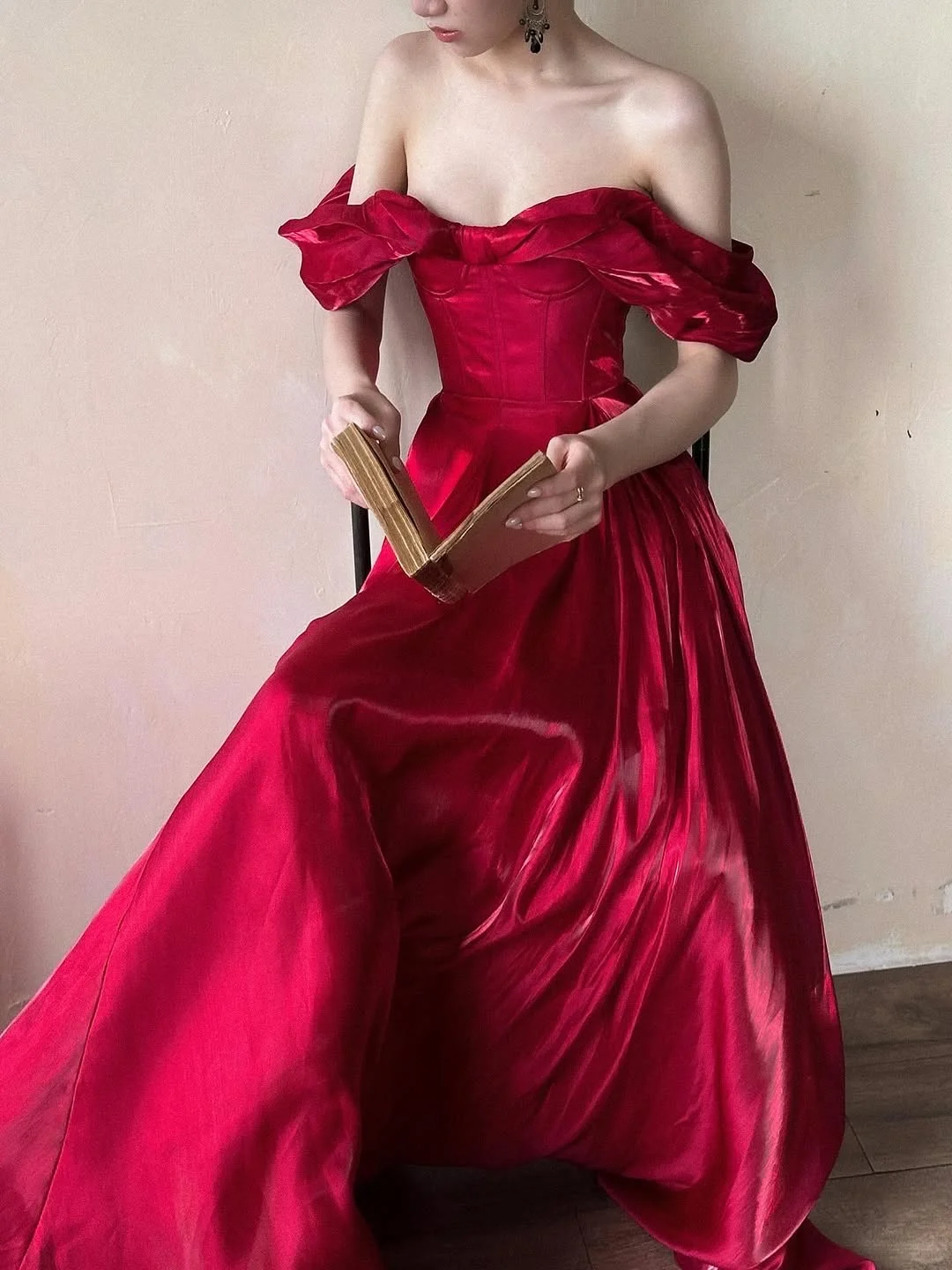 Stunning Burgundy A Line Off the Shoulder Satin Long Prom Dress Party Dress Outfits DP4523
