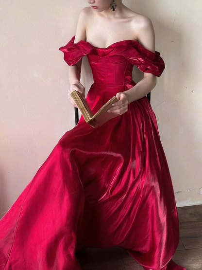 Stunning Burgundy A Line Off the Shoulder Satin Long Prom Dress Party Dress Outfits DP4523