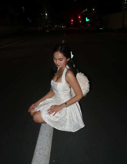 Pearl White A Line Halter Print Flower Satin Mini Homecoming Dress Birthday Dress DP2615
