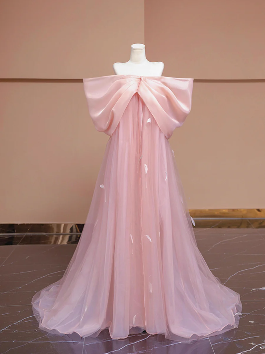Pink Bow Floor Length Prom Dress, Lovely A-Line Princess Off the Shoulder Formal Dress DP2021