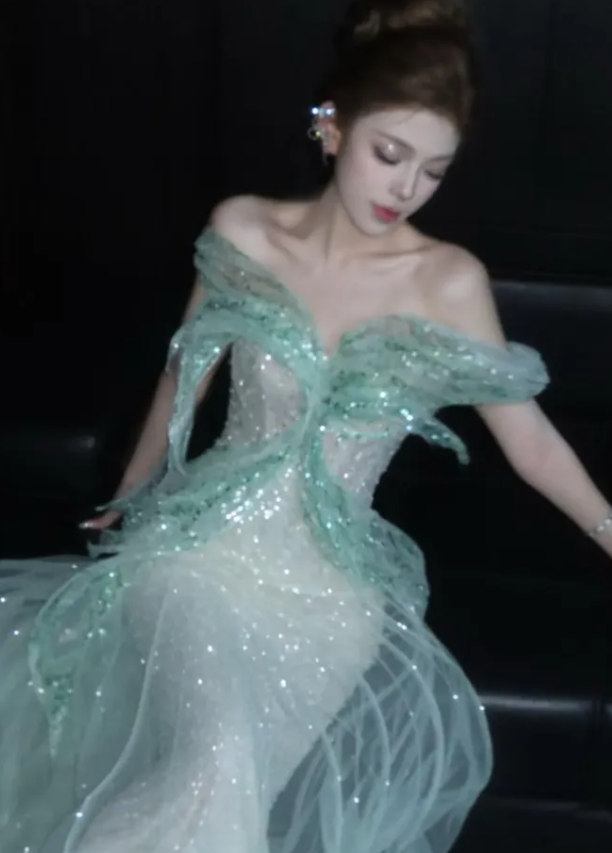 Ethereal Green Ball Gown Off the Shoulder Sequin Tulle Prom Dress Quinceanera Dress DP6612