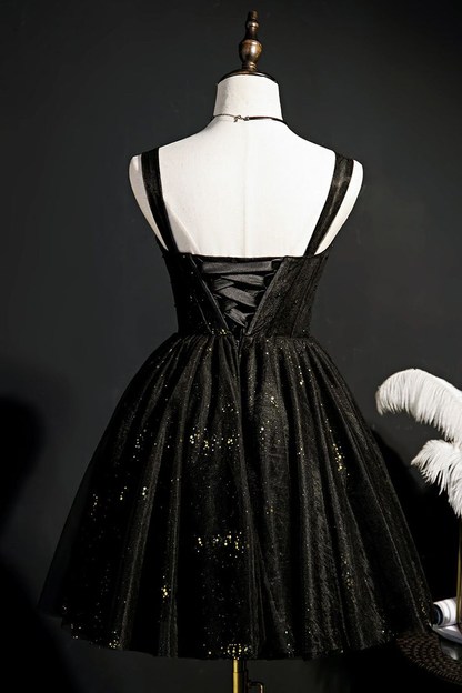 Elegant Black Shiny Tulle Short Prom Dress Homecoming Dress DP363