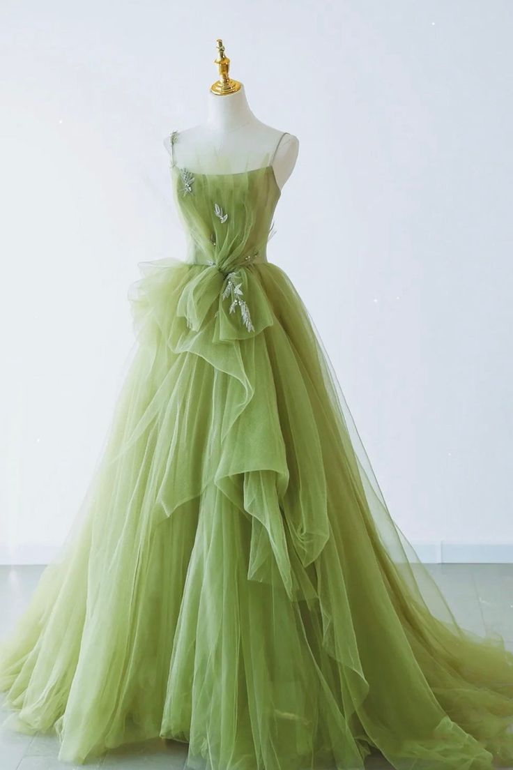 Green Spaghetti Strap Tulle Long Formal Evening Dress Prom Dress DP629