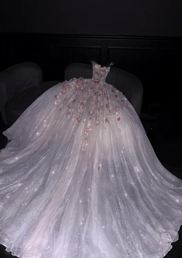 Sweety Pink Floral Ball Gown Strapless White Tulle Prom Dresses DP4642