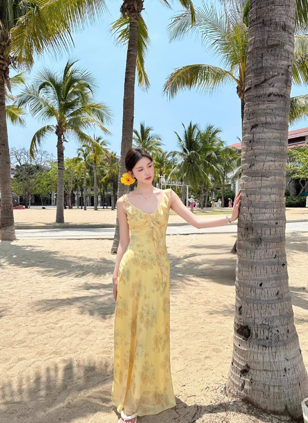 Yellow Sheath Strap Print Floral Chiffon Party Dress Evening Dress Outfits DP3405