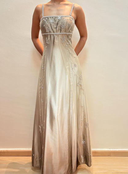 Vintage A Line Spaghetti Strap Beaded Chiffon Satin Long Prom Dress Evening Dress DP1682