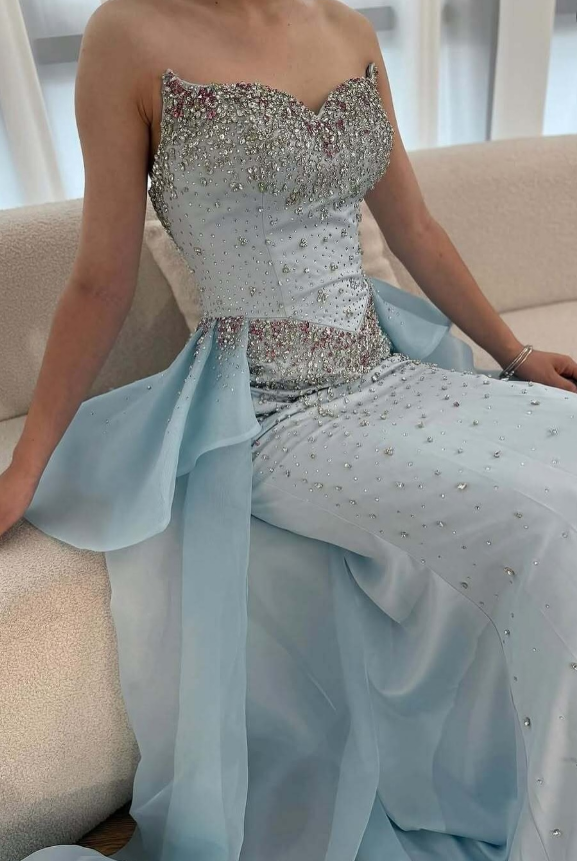 Baby Blue Sheath Sweetheart Neck Beaded Satin Tulle Long Prom Dress Evening Dress DP4334