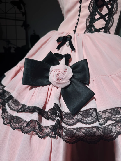 Cute Ball Gown Spaghetti Strap Black Bow Pink Satin Prom Dress Quinceanera Dress DP6955