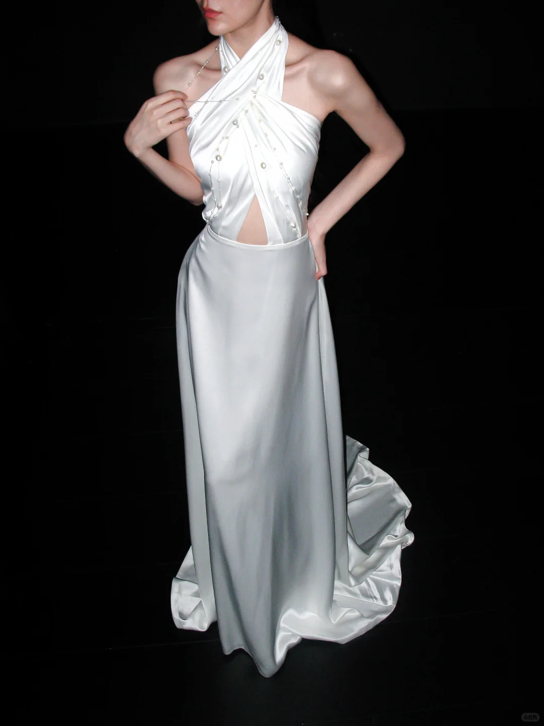 Simple High-class A Line Halter Pearl White Satin Backless Long Wedding Dress DP6376
