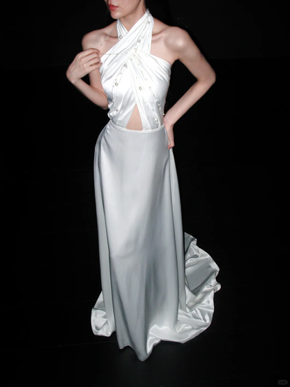 Simple High-class A Line Halter Pearl White Satin Backless Long Wedding Dress DP6376