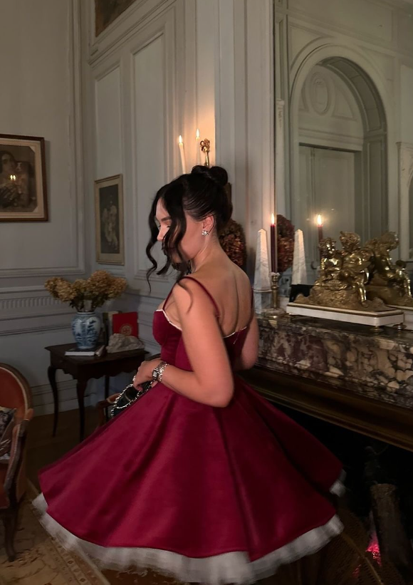 Burgundy A Line Spaghetti Straps Velvet Short Homecoming Dress Evening Dress DP1287