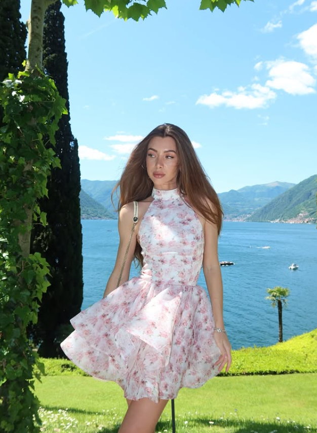 Dreamy Pink A Line Halter Print Layered Organza Short Homecoming Dress Outfits DP6000