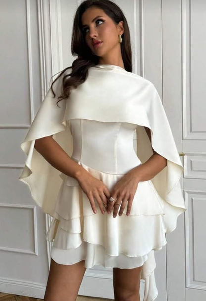 Light Champagne A Line Straps Layered Satin Short Homecoming Dress with Cape DP2875