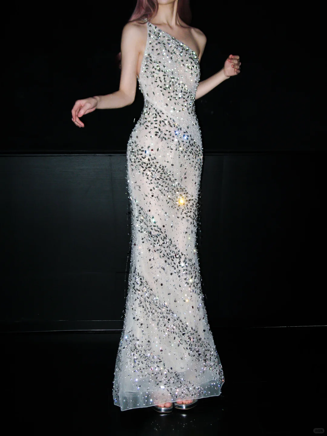 Shiny Sheath One Shoulder Rhinestone Tulle Long Prom Dress DP5186