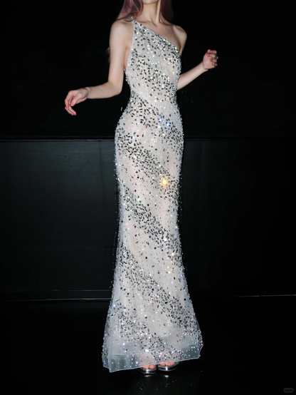 Shiny Sheath One Shoulder Rhinestone Tulle Long Prom Dress DP5186