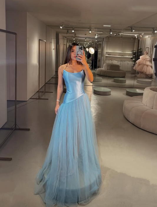 Classic Blue A Line Strapless Tulle Satin Long Prom Dress Party Dress Wedding Guest Dress DP4114
