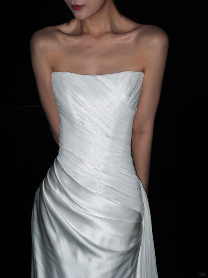 Beautiful Sheath Strapless Pleated Tulle Satin Long Wedding Dress DP8109