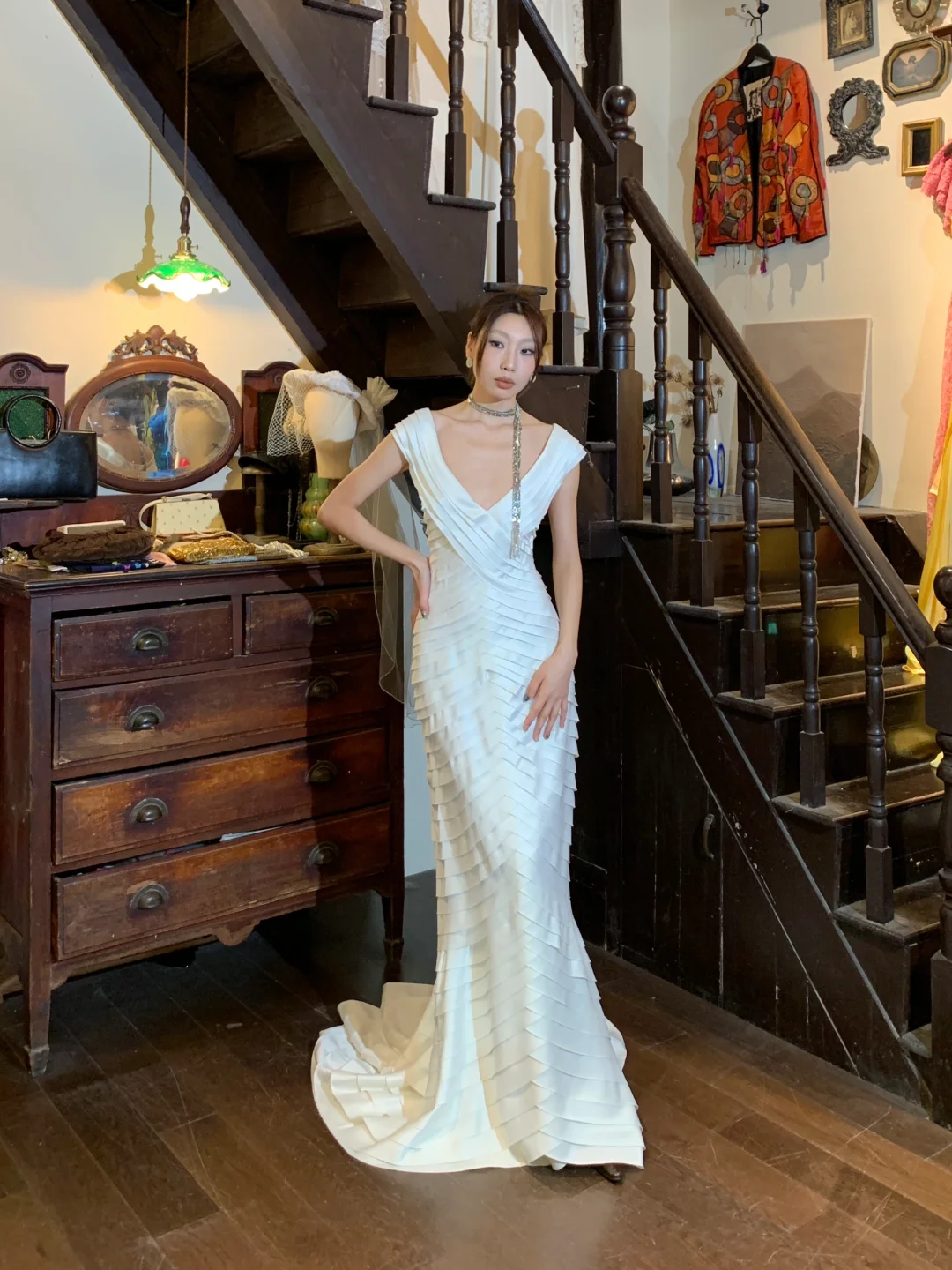 Elegant Mermaid V Neck Layered White Satin Long Party Dress Evening Dress DP2439