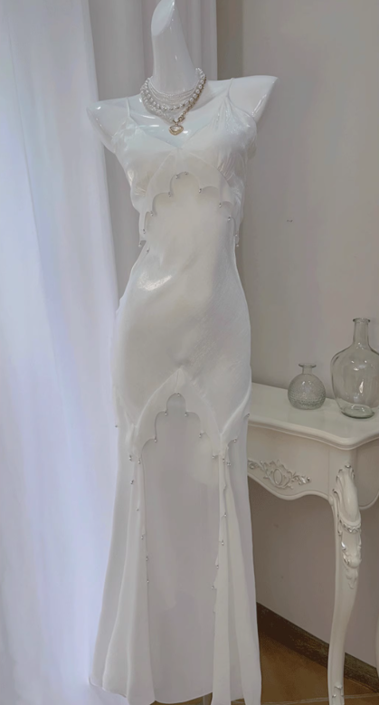 White Mermaid Spaghetti Strap Pearl Chiffon Satin Prom Dress Evening Dress Party Dress DP3584