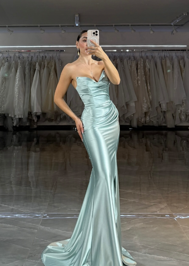 Simple Blue Sheath Sweetheart Neck Satin Long Prom Dress Evening Dress DP6213