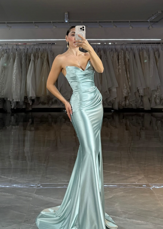Simple Blue Sheath Sweetheart Neck Satin Long Prom Dress Evening Dress DP6213
