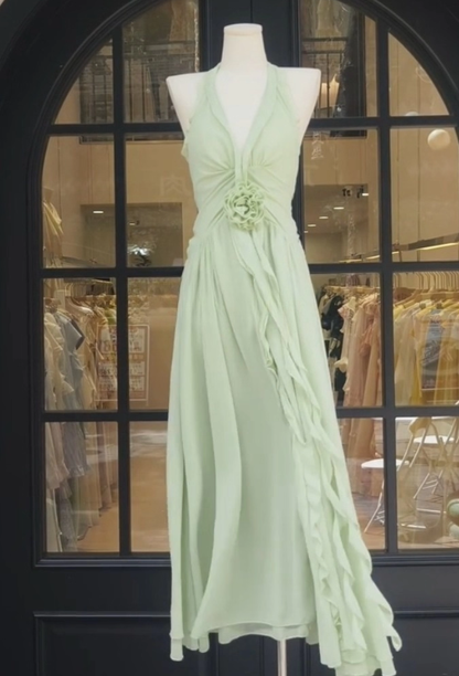 Light Green A Line V Neck Ruffle Chiffon Prom Dress Outfits DP4710