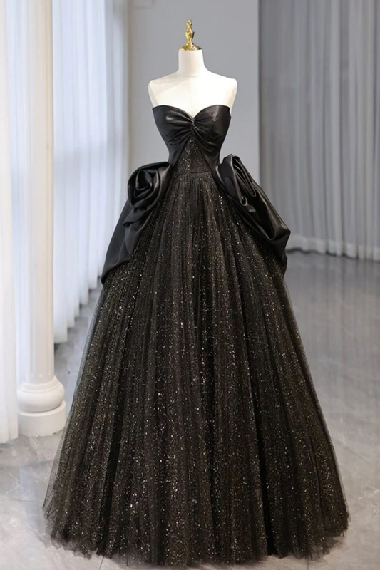 Shiny Black Tulle Strapless Long Prom Dress Formal Evening Dress DP647