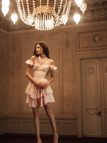 Sweety Light Pink A Line Layered Chiffon Short Prom Dress Homecoming Dress DP6347