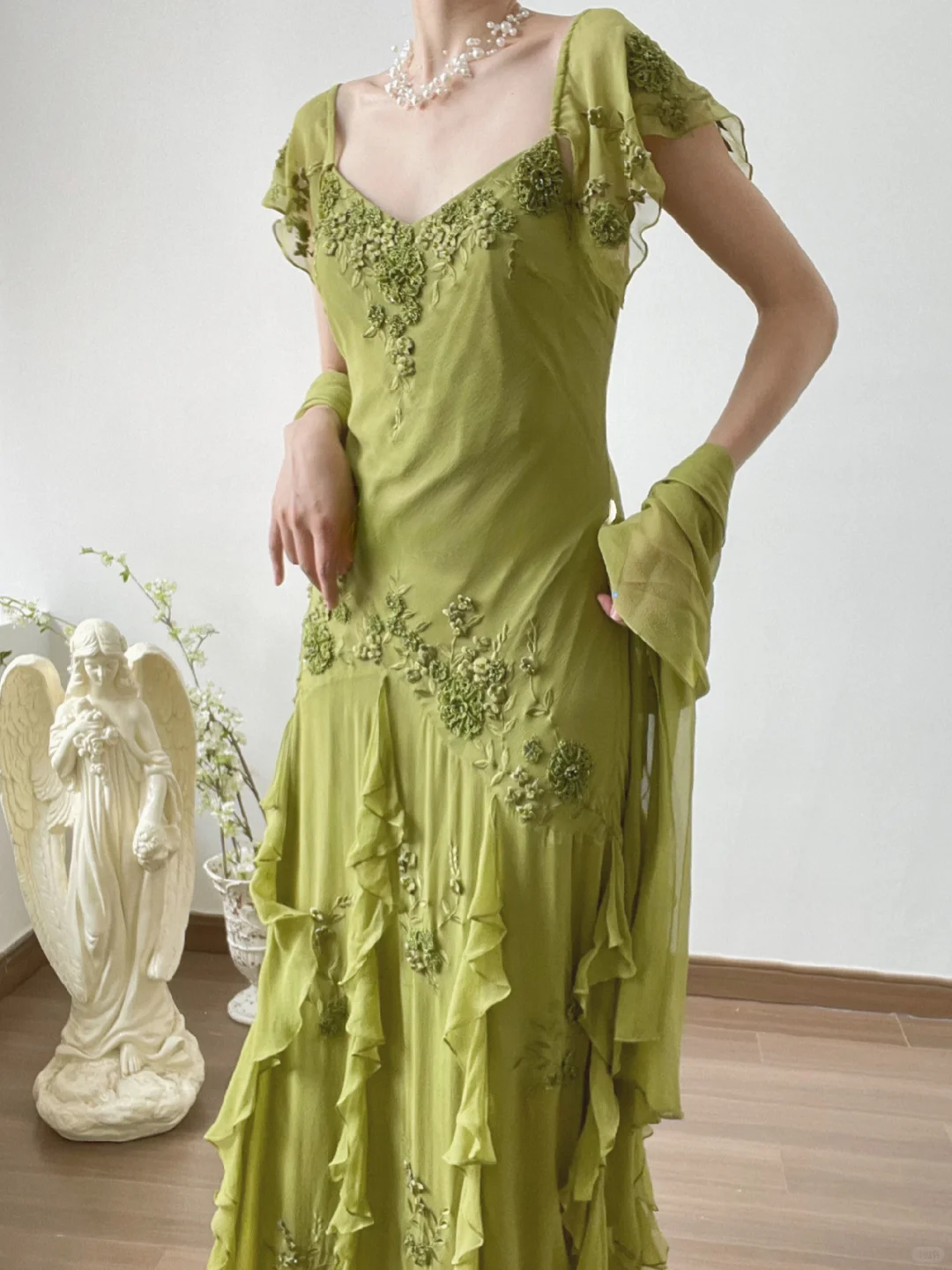 Green Mermaid Strap Retro Appliques Ruffle Chiffon Prom Dress Evening Dress DP3321