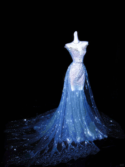 Dreamy Mermaid Round Neck Beaded Tulle Long Party Dress Evening Dress DP2597