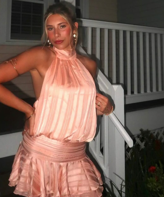 Pink A Line Halter Satin Short Open Back Homecoming Dress Birthday Dress DP4013