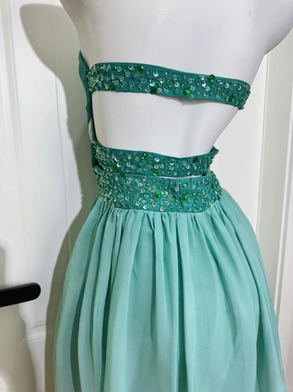 Vintage A Line Sweetheart Neck Beaded Lake Blue Ombre Chiffon Homecoming Dress Outfits DP5011