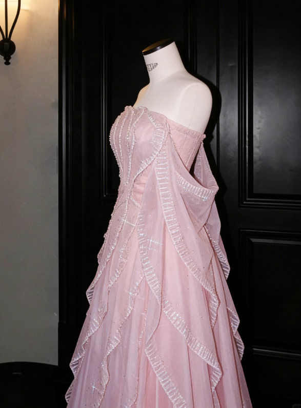 Gentle A Line Off the Shoulder Layered Beaded Pink Organza Long Prom Dress Evening Dress DP2655
