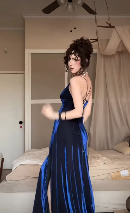 Navy Blue Mermaid Spaghetti Strap Velvet Prom Dress with Slit DP4363