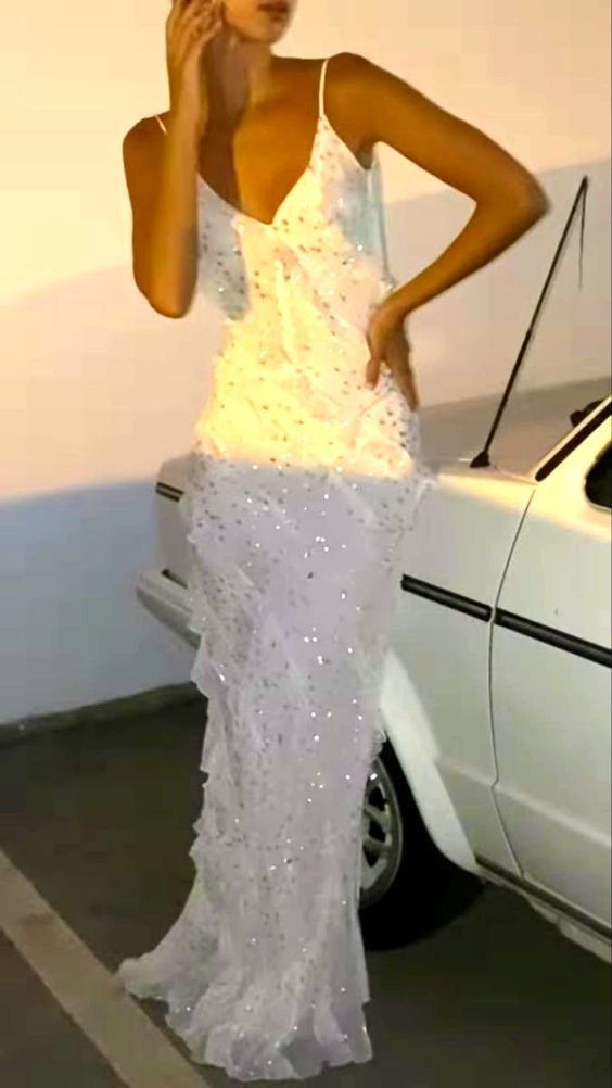 Sparkly Spaghetti Straps Sequins White Ruffles Mermaid Evening Dress Party Prom Dress DP727